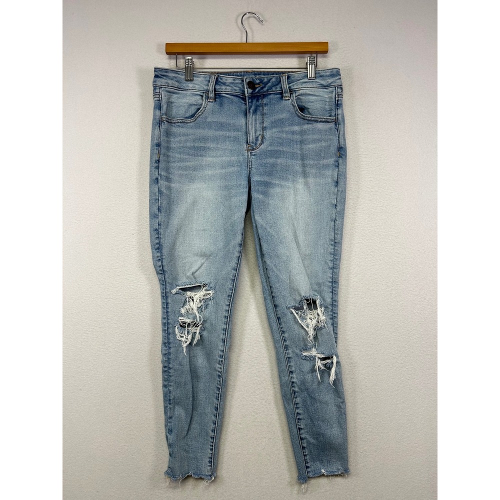Boho Grunge American Eagle‎ Womens 10 Short Blue Distressed Raw Hem Skinny Jeans